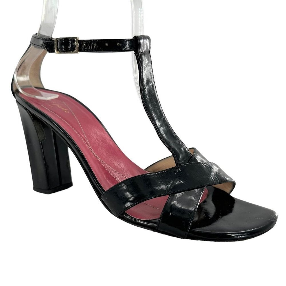 KATE SPADE Black Patent Leather T-Strap Sandals Block Heels Size 7.5